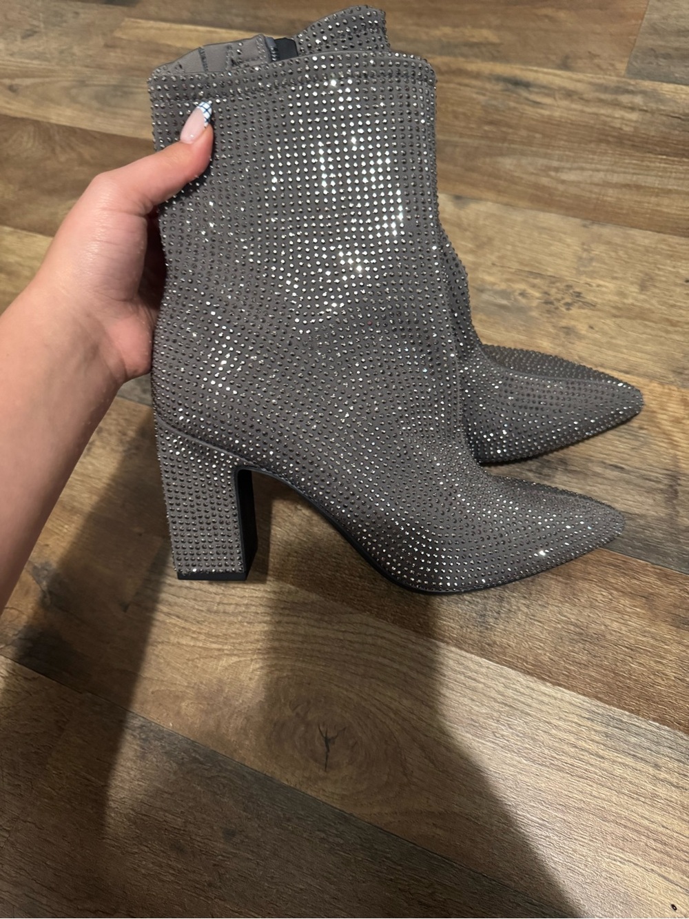 Target Gray Rhinestone Pointed Toe Block Heel Ankle Boots